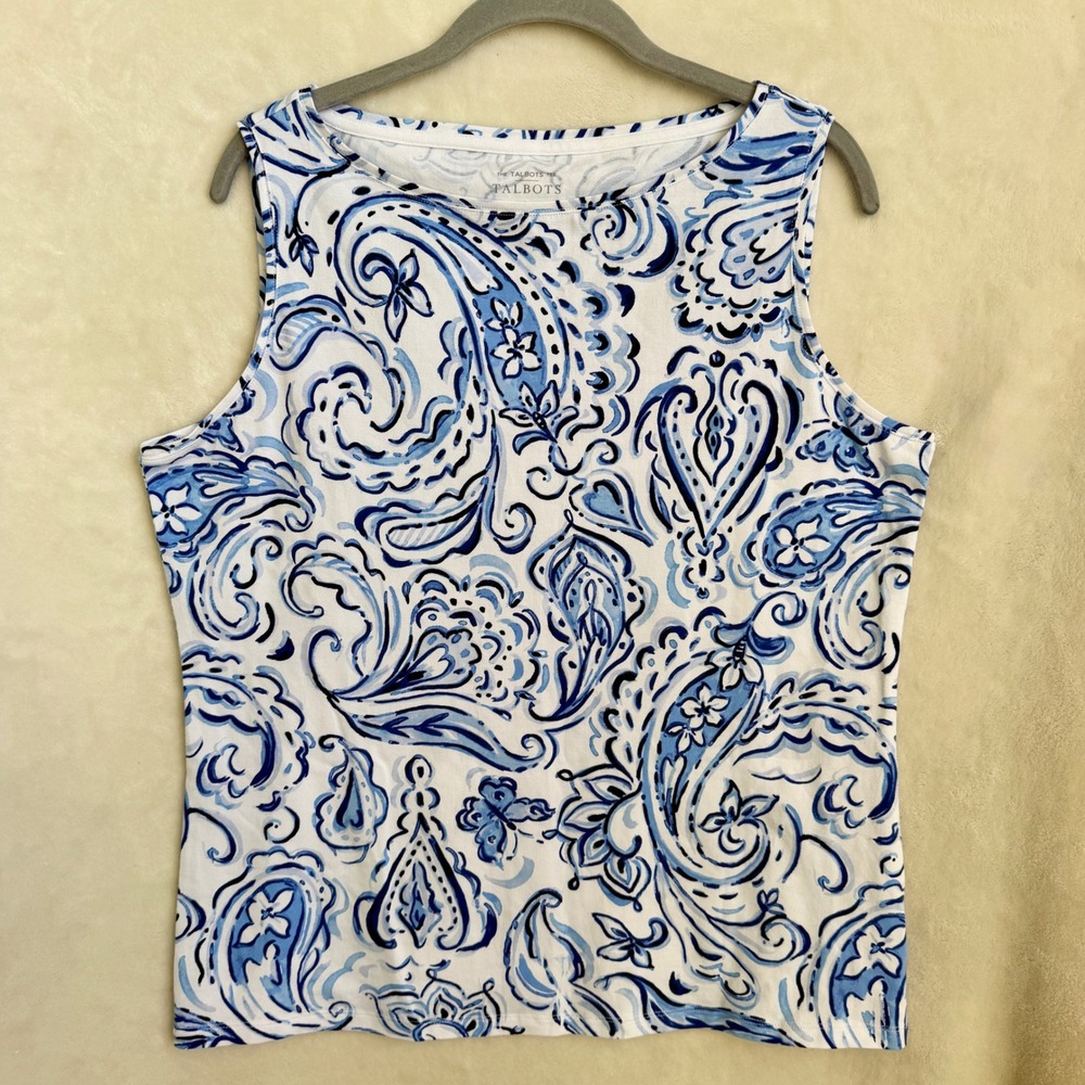 Talbots Blue White Paisley Print Sleeveless Shell Top Size L Cotton Spandex